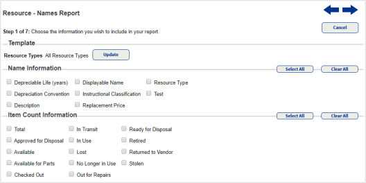 Report builder step 1 for the Resource Manager